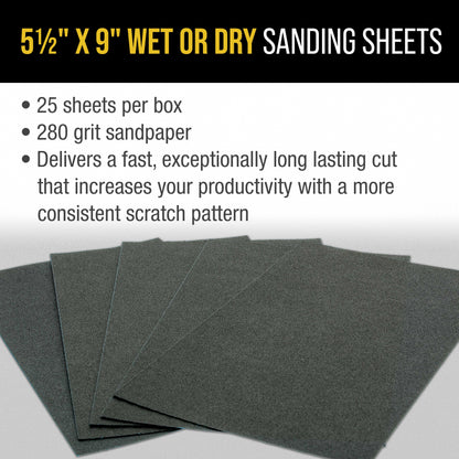 280 Grit - Wet or Dry Sandpaper Finishing Sheets 5-1/2" x 9" Sheets - Box of 25