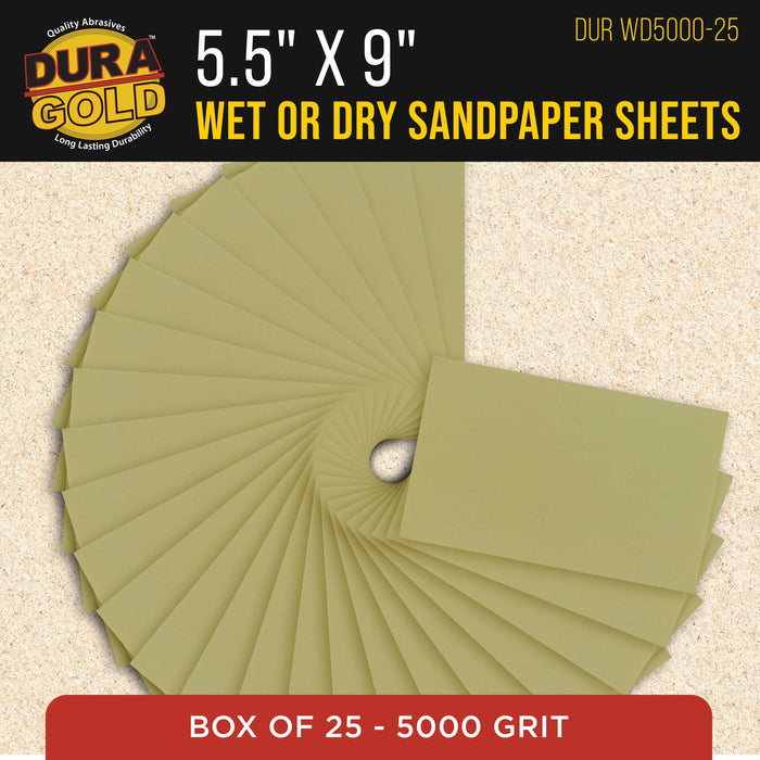 Premium 5000 Grit Wet or Dry Sandpaper Sheets, 5-1/2" x 9", Box of 25 - Auto Car Color Sanding Detailing, Polishing Wood, Plastic, Glass, Epoxy, Stone, Metal Finishing Hand Sand Block Sander