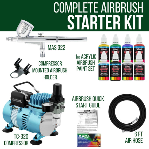 Master Airbrush Multi-Purpose Gravity Feed Airbrushing System Kit with U.S. Art Supply 6 Primary Opaque Colors Acrylic Paint Artist Set Air Compressor
