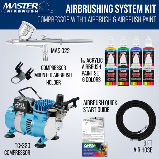 Master Airbrush Multi-Purpose with Air Compressor - U.S. Art Supply 6 Primary Opaque Colors Acrylic Paint Artist Set - G22 Gravity Feed Airbrush and