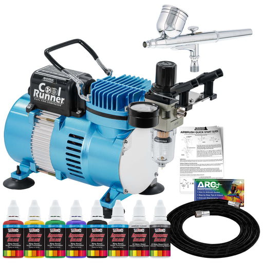 Master Airbrush Multi-Purpose with Air Compressor - U.S. Art Supply 6 Primary Opaque Colors Acrylic Paint Artist Set - G22 Gravity Feed Airbrush and