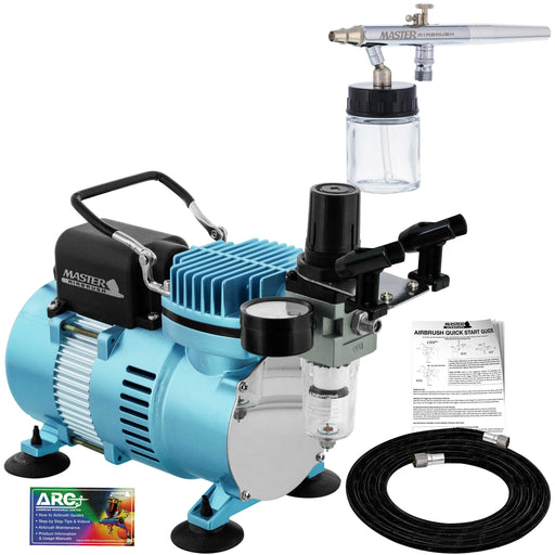 Multi-Purpose Airbrushing System Kit Siphon Feed Dual-Action Airbrush 0.35 mm Tip, 3/4 oz Fluid Cup, Pro 1/5 hp Cool Runner II Dual Fan Air Compressor