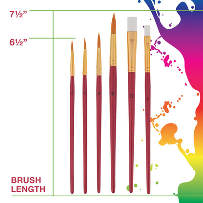 6 Piece Nylon Hair Face Painting Brush Set - 4 Round Size 2-4-6-10, 2 Flat Size 8-12