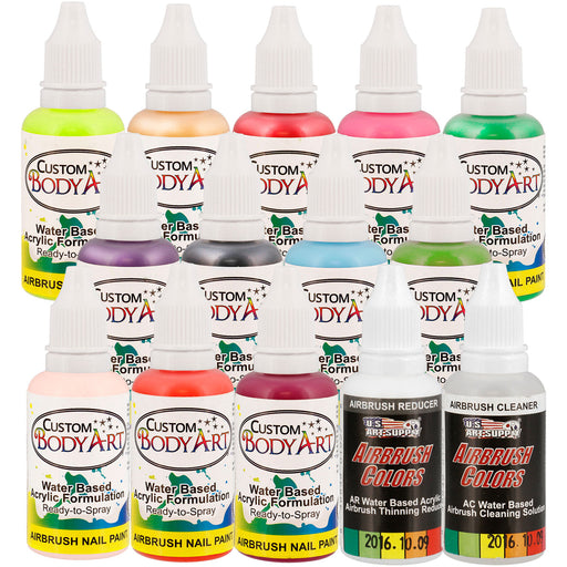 12 Secondary Colors Set of Custom Body Art Professional Airbrush Nail Paint Plus Reducer and Cleaner in 1 oz. Bottles