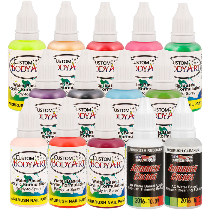 12 Secondary Colors Set of Custom Body Art Professional Airbrush Nail Paint Plus Reducer and Cleaner in 1 oz. Bottles