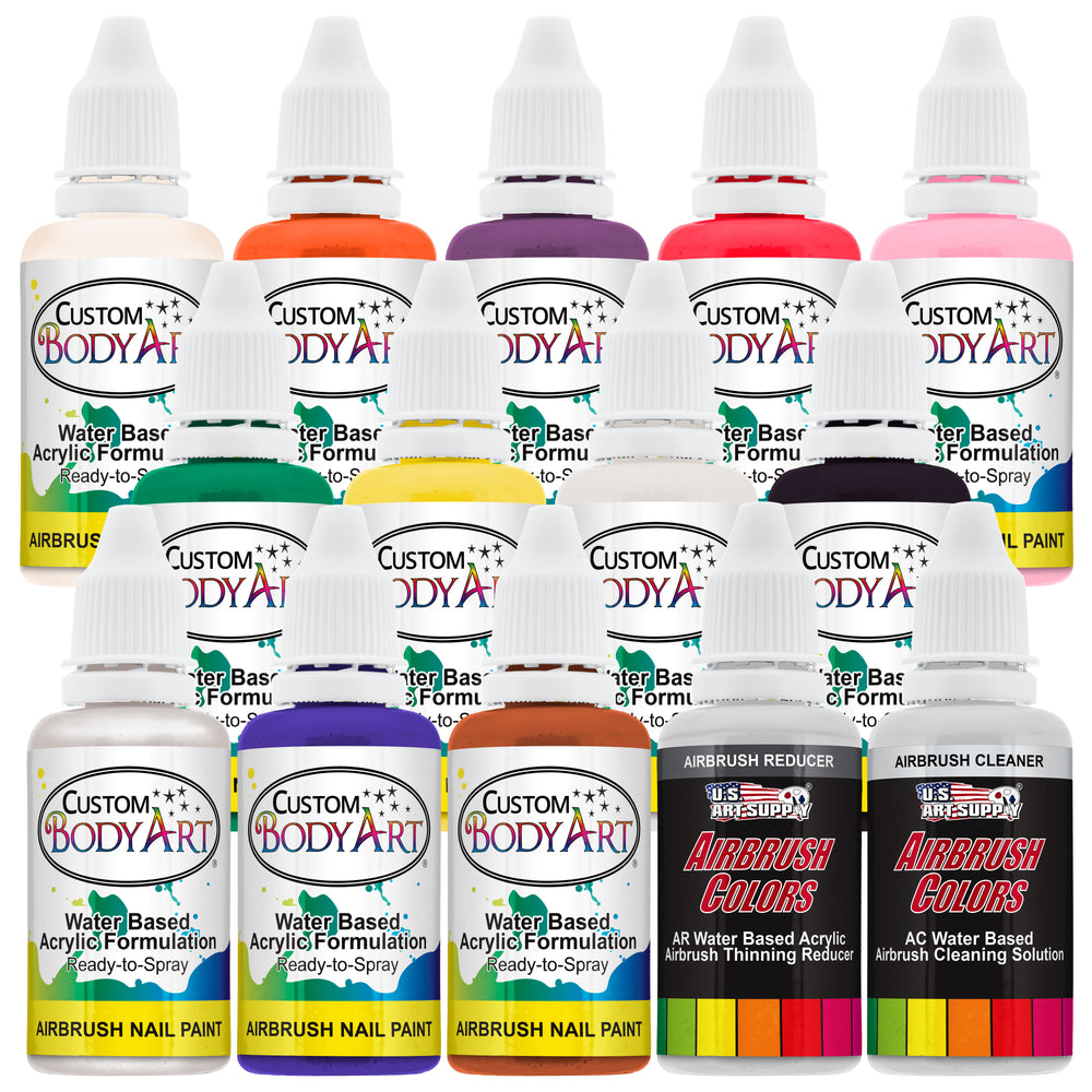 12 Color Set of Custom Body Art Airbrush Nail Paint Plus Reducer and Cleaner in 1 oz. Bottles