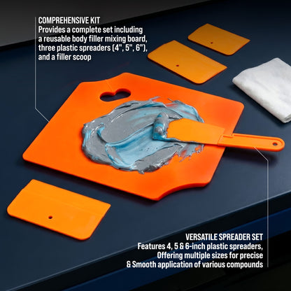 Body Filler Mixing Board with 4, 5, & 6 Inch Plastic Body Filler Spreader Tools for Automotive Body Fillers, Putties, Glazes, Epoxy Resin - Plastic