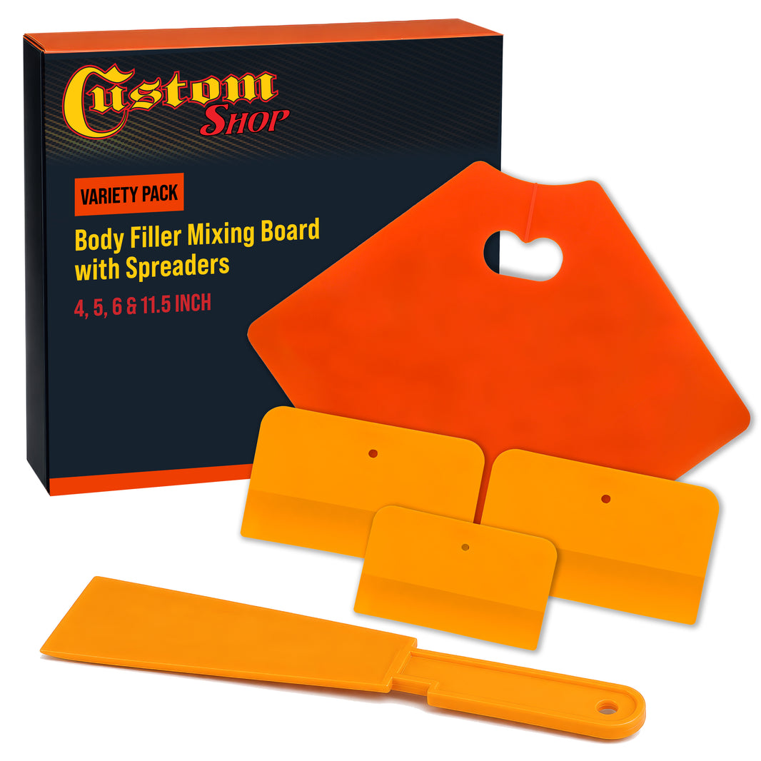 Body Filler Mixing Board with 4, 5, & 6 Inch Plastic Body Filler Spreader Tools for Automotive Body Fillers, Putties, Glazes, Epoxy Resin - Plastic
