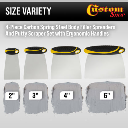 4-Piece Carbon Spring Steel Body Filler Spreaders & Putty Scraper Set with Ergonomic Handles 2”, 3”, 4”, 6”