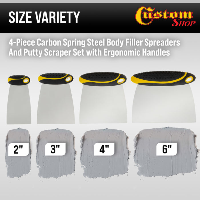 4-Piece Carbon Spring Steel Body Filler Spreaders & Putty Scraper Set with Ergonomic Handles 2”, 3”, 4”, 6”
