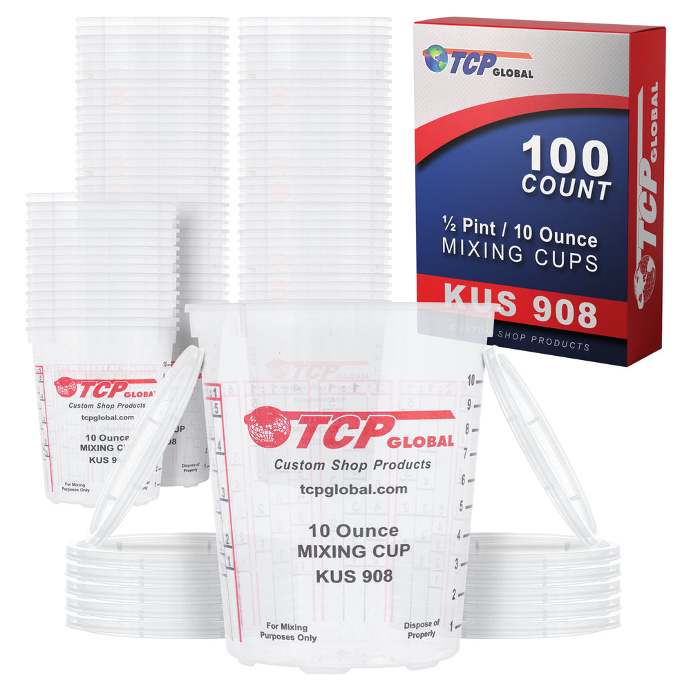 Custom Shop Paint Mixing Cups, 10-Ounce (Box of 100) - Plastic Measuring Cups for Liquids, Automotive Painting, Epoxy Resin, Acrylic Arts, Crafts, Disposable or Reusable, Graduated, Mixing Ratios