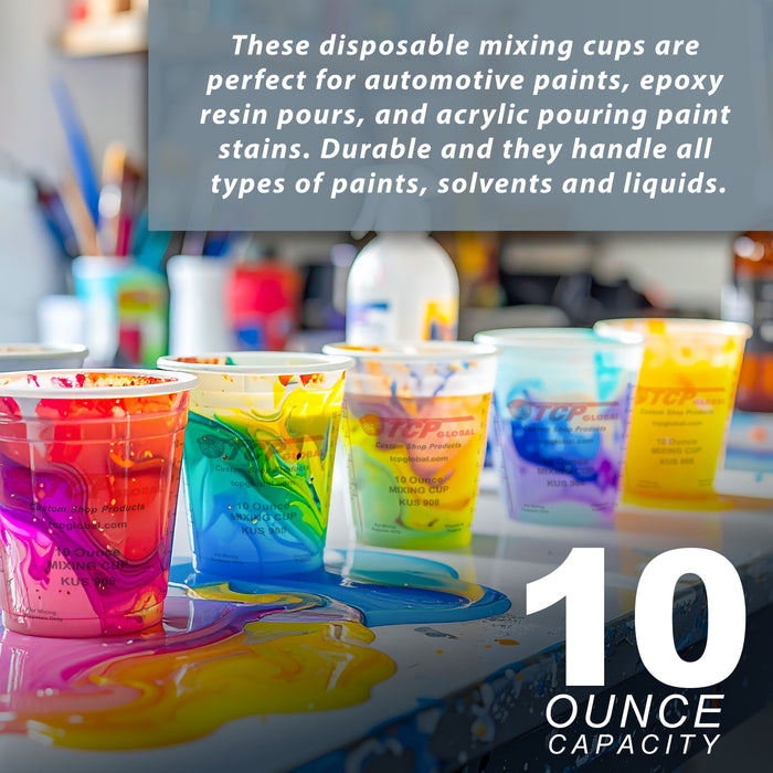 Custom Shop Paint Mixing Cups, 10-Ounce (Box of 100) - Plastic Measuring Cups for Liquids, Automotive Painting, Epoxy Resin, Acrylic Arts, Crafts, Disposable or Reusable, Graduated, Mixing Ratios