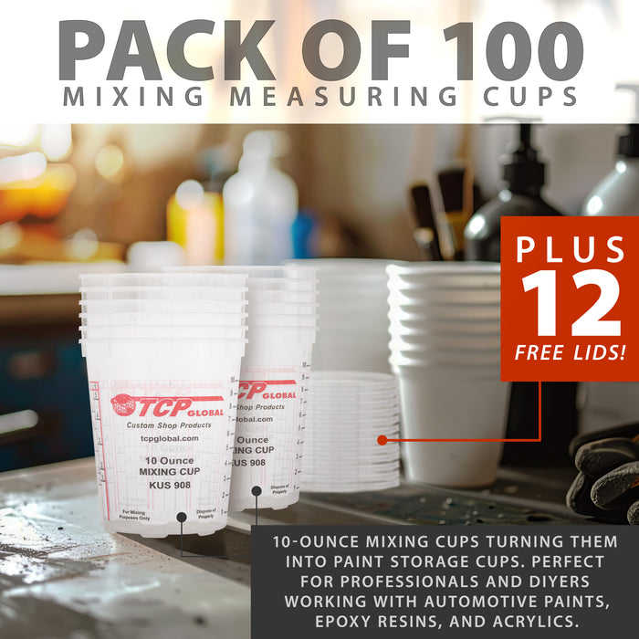 Custom Shop Paint Mixing Cups, 10-Ounce (Box of 100) - Plastic Measuring Cups for Liquids, Automotive Painting, Epoxy Resin, Acrylic Arts, Crafts, Disposable or Reusable, Graduated, Mixing Ratios
