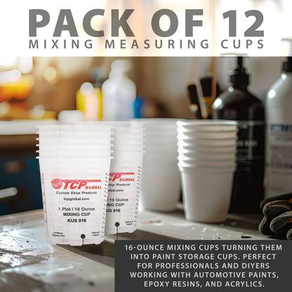 Paint Mixing Cups, 16-Ounce (12 Pack) - Plastic Measuring Cups for Liquids, Automotive Painting, Epoxy Resin, Acrylic Arts, Crafts