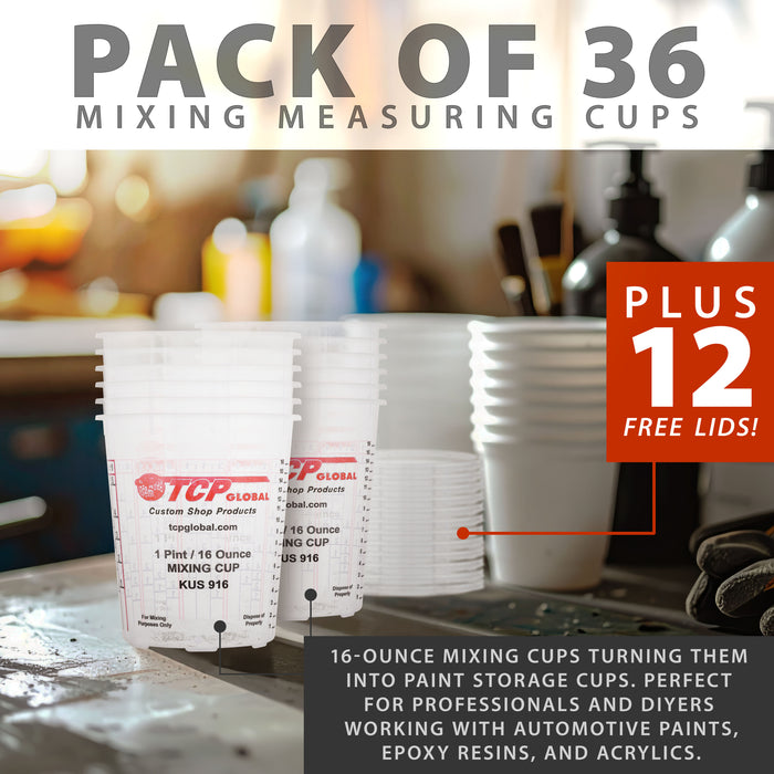 Custom Shop Paint Mixing Cups, 16-Ounce (Box of 36) - Plastic Measuring Cups for Liquids, Automotive Painting, Epoxy Resin, Acrylic Arts, Crafts, Disposable or Reusable, Graduated, Mixing Ratios