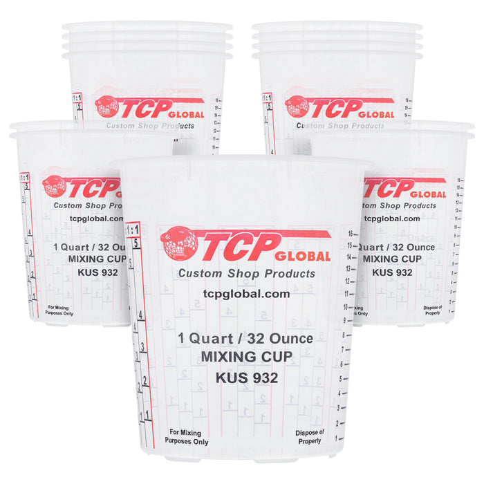 Custom Shop Paint Mixing Cups, 32-Ounce (12 Pack) - Plastic Measuring Cups for Liquids, Automotive Painting, Epoxy Resin, Acrylic Arts, Crafts, Disposable or Reusable, Graduated, Mixing Ratios