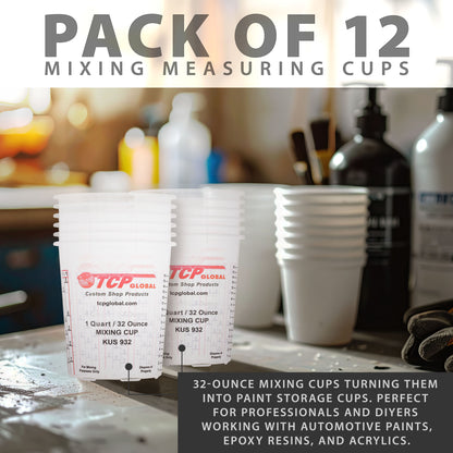 Paint Mixing Cups, 32-Ounce (12 Pack) - Plastic Measuring Cups for Liquids, Automotive Painting, Epoxy Resin, Acrylic Arts, Crafts