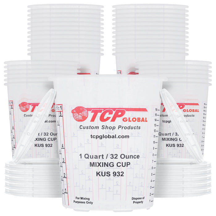 Custom Shop Paint Mixing Cups, 32-Ounce (36 Pack) - Plastic Measuring Cups for Liquids, Automotive Painting, Epoxy Resin, Acrylic Arts, Crafts, Disposable or Reusable, Graduated, Mixing Ratios