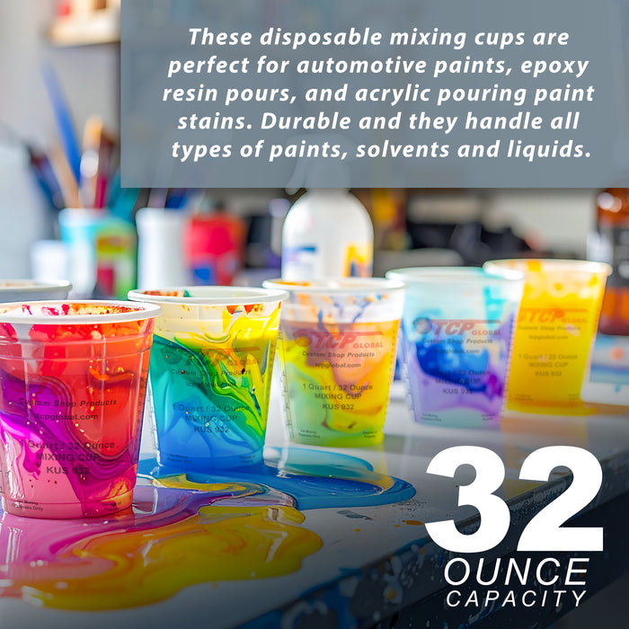 Custom Shop Paint Mixing Cups, 32-Ounce (36 Pack) - Plastic Measuring Cups for Liquids, Automotive Painting, Epoxy Resin, Acrylic Arts, Crafts, Disposable or Reusable, Graduated, Mixing Ratios