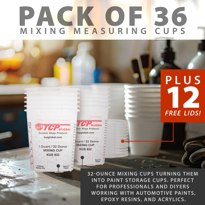 Custom Shop Paint Mixing Cups, 32-Ounce (36 Pack) - Plastic Measuring Cups for Liquids, Automotive Painting, Epoxy Resin, Acrylic Arts, Crafts, Disposable or Reusable, Graduated, Mixing Ratios