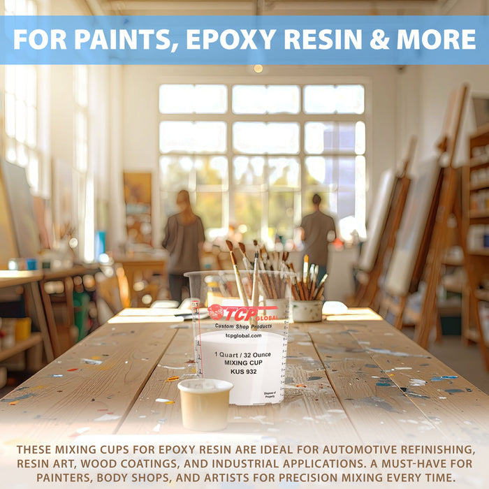 Custom Shop Paint Mixing Cups, 32-Ounce (36 Pack) - Plastic Measuring Cups for Liquids, Automotive Painting, Epoxy Resin, Acrylic Arts, Crafts, Disposable or Reusable, Graduated, Mixing Ratios