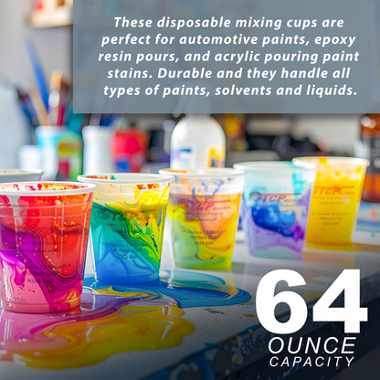 Paint Mixing Cups, 64-Ounce (12 Pack) - Plastic Measuring Cups for Liquids, Automotive Painting, Epoxy Resin, Acrylic Arts, Crafts