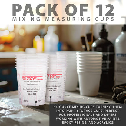 Paint Mixing Cups, 64-Ounce (12 Pack) - Plastic Measuring Cups for Liquids, Automotive Painting, Epoxy Resin, Acrylic Arts, Crafts