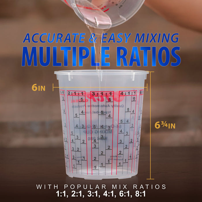 Custom Shop Paint Mixing Cups, 64-Ounce (Box of 100) - Plastic Measuring Cups for Liquids, Automotive Painting, Epoxy Resin, Acrylic Arts, Crafts, Disposable or Reusable, Graduated, Mixing Ratios