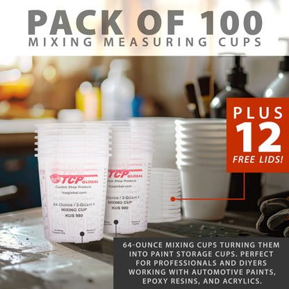 Paint Mixing Cups, 64-Ounce (Box of 100) - Plastic Measuring Cups for Liquids, Automotive Painting, Epoxy Resin, Acrylic Arts, Crafts