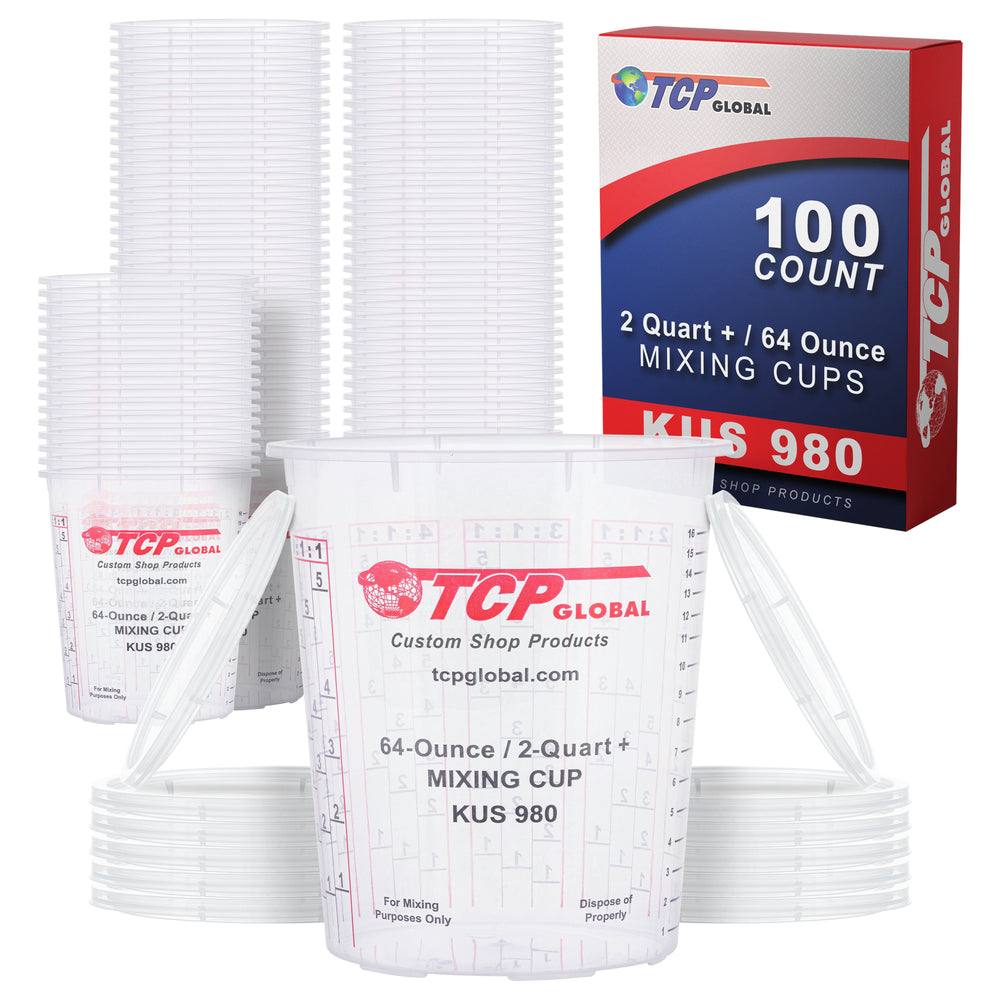 Custom Shop Paint Mixing Cups, 64-Ounce (Box of 100) - Plastic Measuring Cups for Liquids, Automotive Painting, Epoxy Resin, Acrylic Arts, Crafts, Disposable or Reusable, Graduated, Mixing Ratios