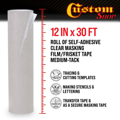 12" x 30' Frisket Masking Film Roll - Self-Adhesive Semi-Transparent Medium-Tack for Artists, Airbrush Graphics, Automotive Painting, Stencil Making