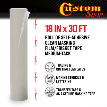 18" x 30' Frisket Masking Film Roll - Self-Adhesive Semi-Transparent Medium-Tack for Artists, Airbrush Graphics, Automotive Painting, Stencil Making