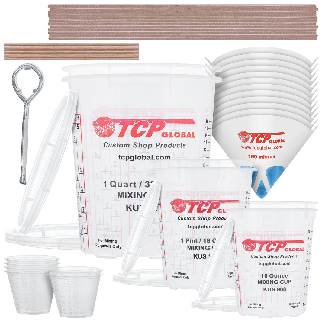 Complete Paint Mixing Kit - 12 Cups with Lids, Mixing Sticks, Paddles, Strainers - Epoxy Resin Measuring Cups, Plastic Paint Cup Containers for
