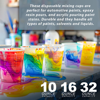 Complete Paint Mixing Kit - 12 Cups with Lids, Mixing Sticks, Paddles, Strainers - Epoxy Resin Measuring Cups, Plastic Paint Cup Containers for