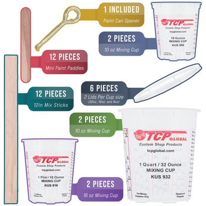 Complete Paint Mixing Kit - 12 Cups with Lids, Mixing Sticks, Paddles, Strainers - Epoxy Resin Measuring Cups, Plastic Paint Cup Containers for