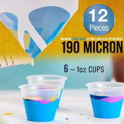 Complete Paint Mixing Kit - 12 Cups with Lids, Mixing Sticks, Paddles, Strainers - Epoxy Resin Measuring Cups, Plastic Paint Cup Containers for