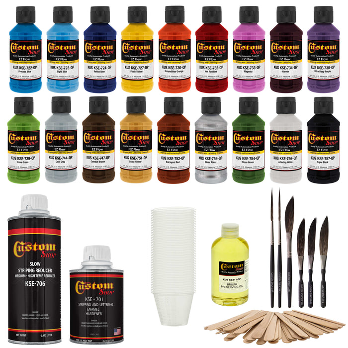 18 Pinstriping Color Kit - 18 Colors, Brushes, Reducer, Hardener, Mixing Sticks