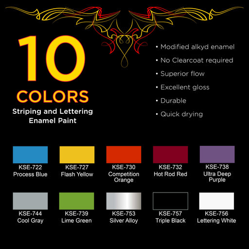 10 Primary Pinstriping Color Kit - 10 Colors, Brush and Reducer