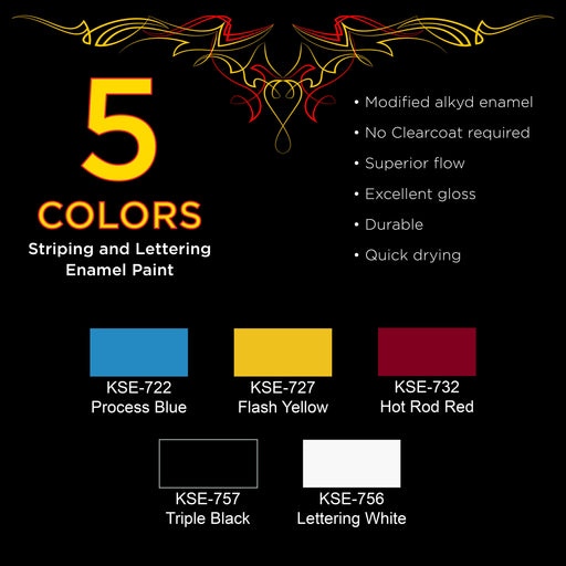 5 Color Pinstriping Lettering Enamel Paint Starter Kit with 3-Piece Pinstripe Brush Set