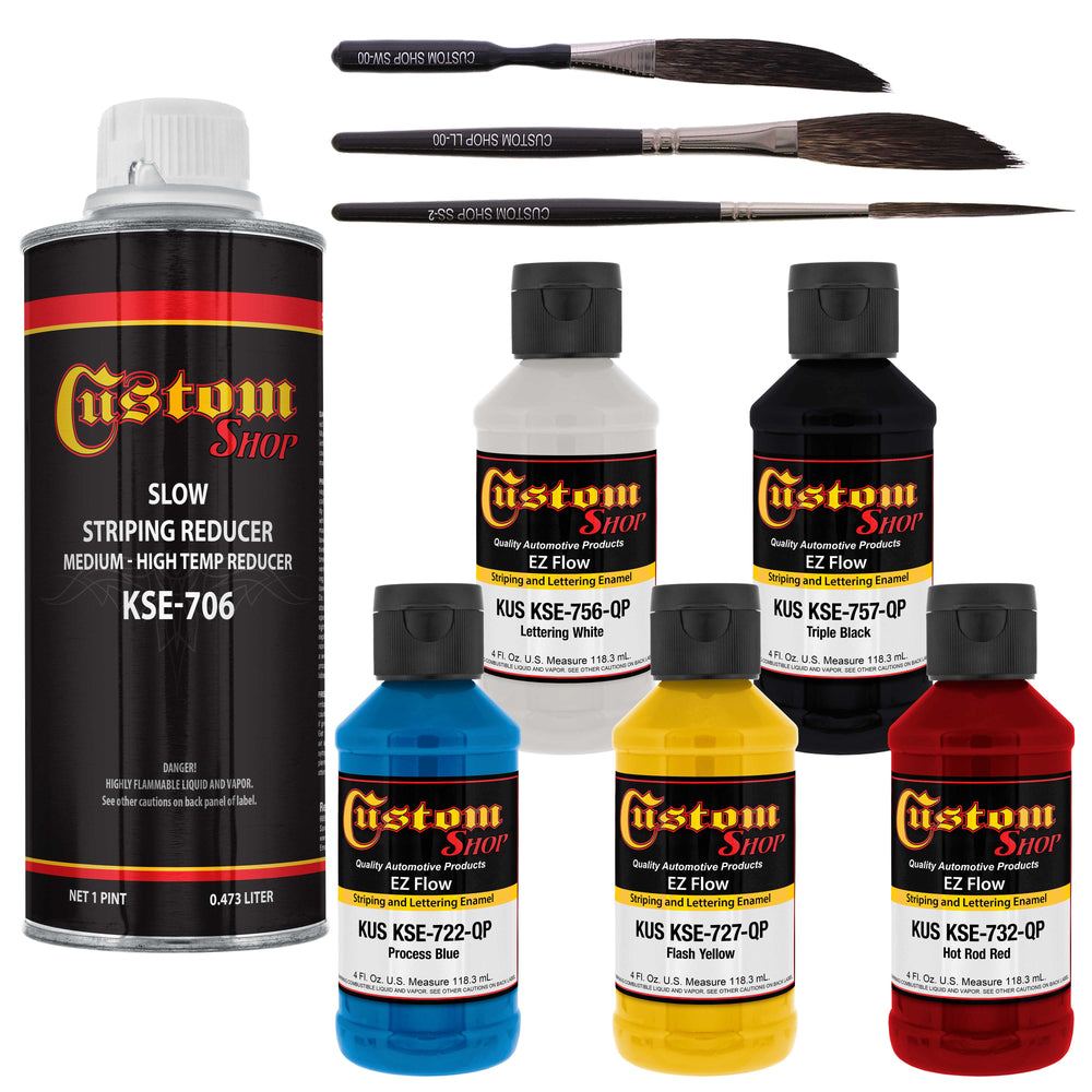 5 Color Pinstriping Lettering Enamel Paint Starter Kit with 3-Piece Pinstripe Brush Set