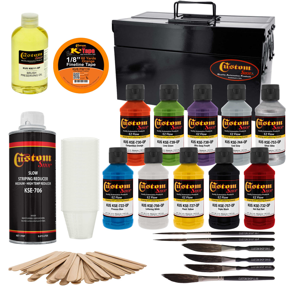 Pinstriping Ultimate Box Kit with Storage Box - 10 - 4 Ounce Enamel Paint Colors, Tape, Reducer, Brushes and Mixing Cups