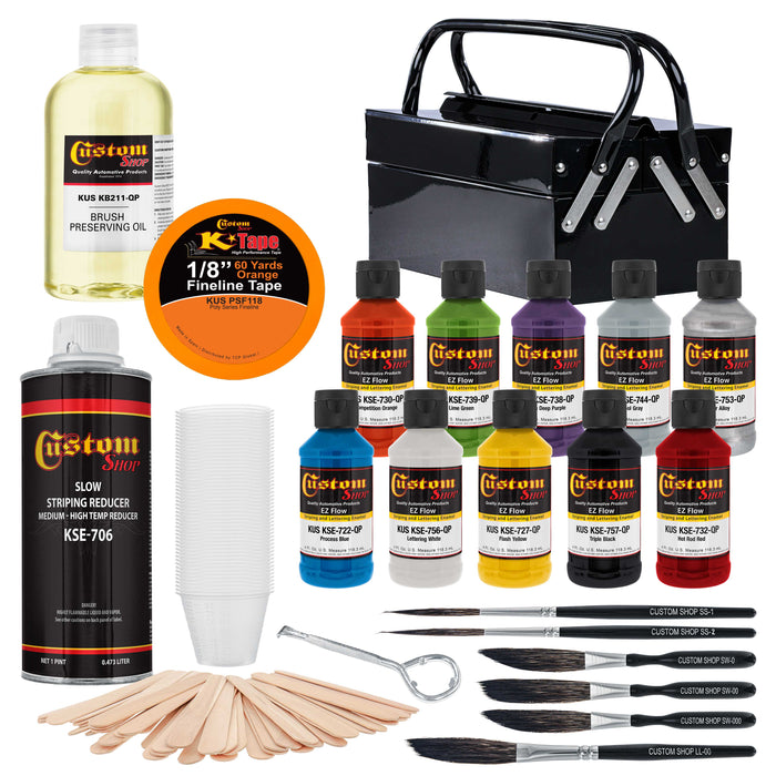 Pinstriping Ultimate Box Kit with Storage Box - 10 - 4 Ounce Enamel Paint Colors, Tape, Reducer, Brushes and Mixing Cups