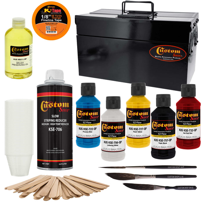 Pinstriping Deluxe Box Kit - 5 Colors, Tape, Reducer, Brushes, Mix Sticks and Mixing Cups - Storage Box