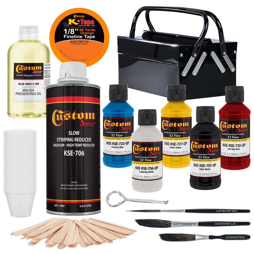 Pinstriping Deluxe Box Kit - 5 Colors, Tape, Reducer, Brushes, Mix Sticks and Mixing Cups - Storage Box