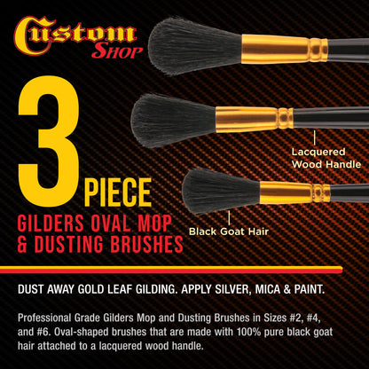 Guilders Mop Dusting Brush, Set of 3, Sizes 2, 4 & 6 - Professional Grade Black Goat Hair Oval Shaped Brushes with Wooden Handles - Dust Away Gold