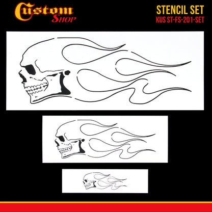Airbrush Skull Fire Flame Stencil Set (Skull Design #1 in 3 Scale Sizes) - Laser Cut Reusable Templates