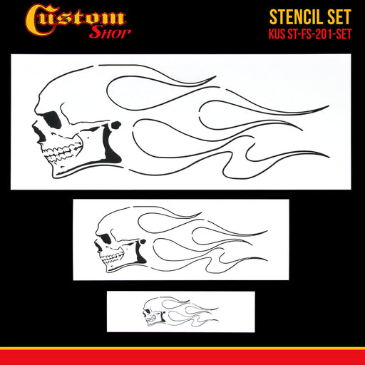 Custom Shop Airbrush Skull Fire Flame Stencil Set (Skull Design #1 in 3 Scale Sizes) - Laser Cut Reusable Templates