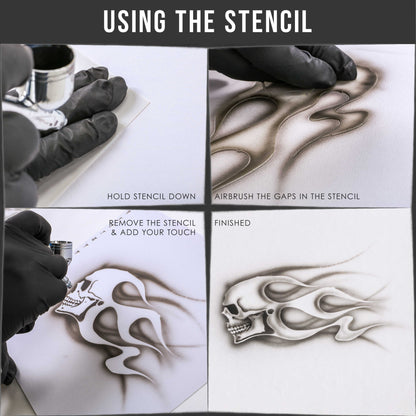 Airbrush Skull Fire Flame Stencil Set (Skull Design #1 in 3 Scale Sizes) - Laser Cut Reusable Templates