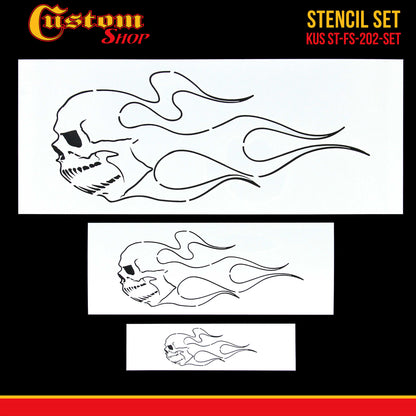 Airbrush Skull Fire Flame Stencil Set (Skull Design #2 in 3 Scale Sizes) - Laser Cut Reusable Templates