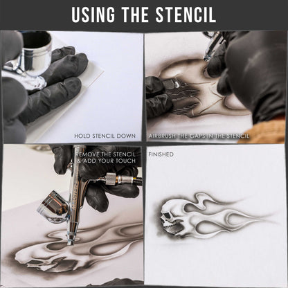 Airbrush Skull Fire Flame Stencil Set (Skull Design #2 in 3 Scale Sizes) - Laser Cut Reusable Templates